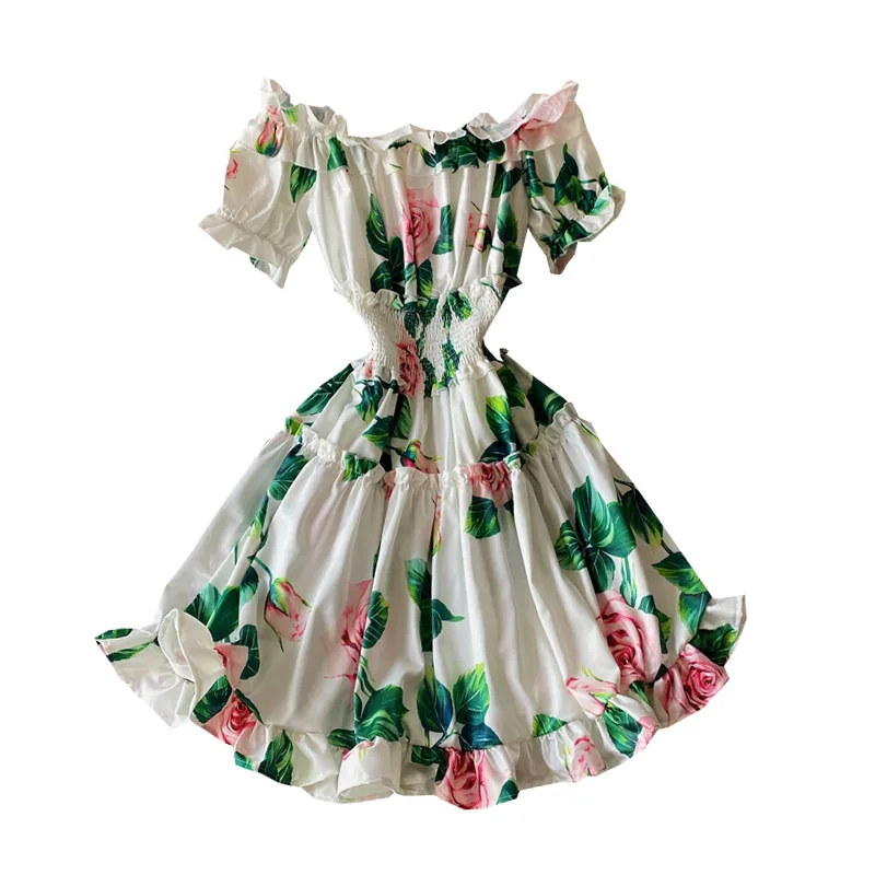 

side word brought off-the-shoulder short-sleeved accept waist show thin printed on holiday dress falbala a-line