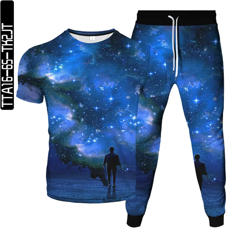 

Hot sale summer new men's T-shirt + sports pants two-piece 3D suit moon printing fashion casual Harajuku men's suit