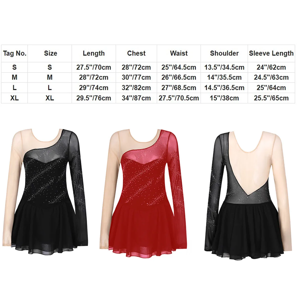 Women's Ice Skating Dress Ballet Dance Leotard Adult Mesh Long Sleeve Rhythmic Gymnastics Leotard Rhinestones Dance Costumes