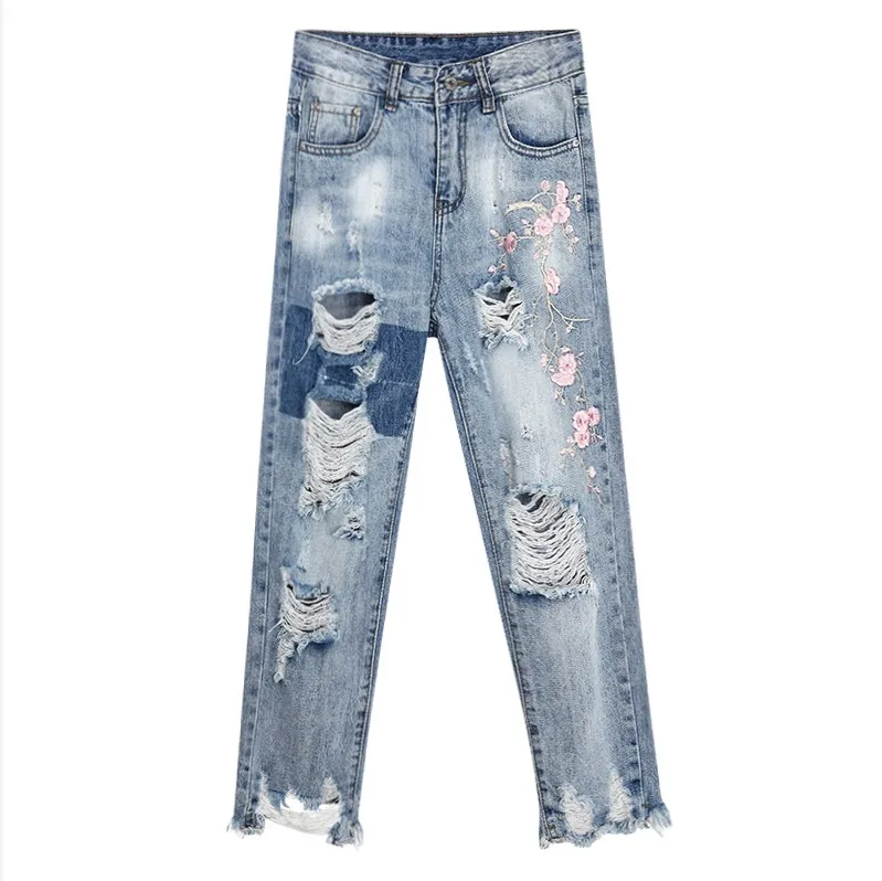 

Embroidered hole rotten jeans women's summer new high waist loose beggar wool edge Harlan nine-point pants