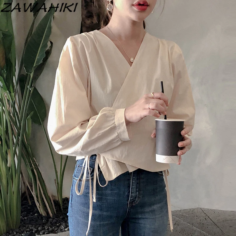

ZAWAHIKI Korean Chic Spring Autumn New Simple V Neck Tie Long Sleeve Shirt French Blouse Loose Solid Woman Camisa De Mujer