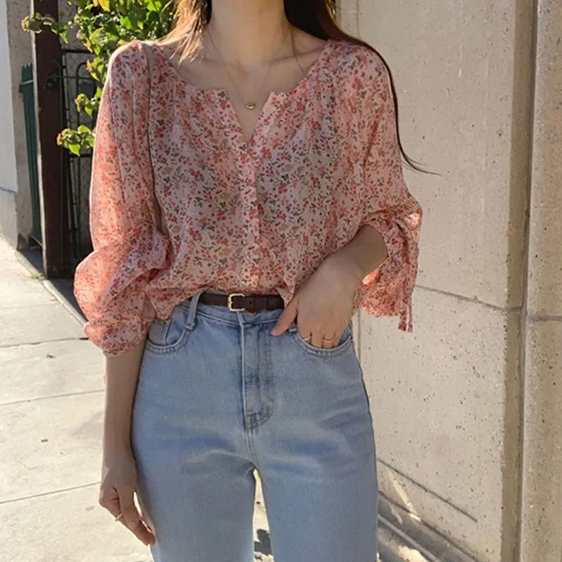 

Summer Women Chiffon Shirt Long Sleeve Floral Print O-Neck Sweet Korean Style Shirt Tops