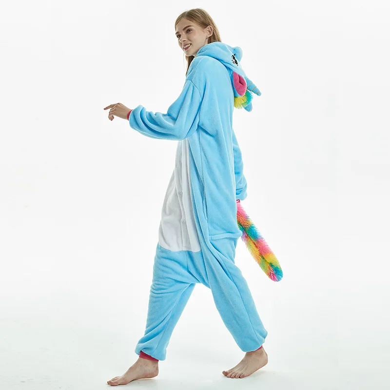 Blue Pegasus Women Pajama Suit Kigurumis Animal Unicorn Onesie Homewear Colorful Tail Sleepwear Flannel Adult Pijamas Party
