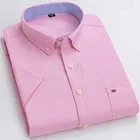 Мужская Повседневная рубашка из 100% хлопка, тонкая Удобная деловая рубашка из ткани Оксфорд с короткими рукавами и карманами, синяя розовая рубашка в клеткув полоску, на лето