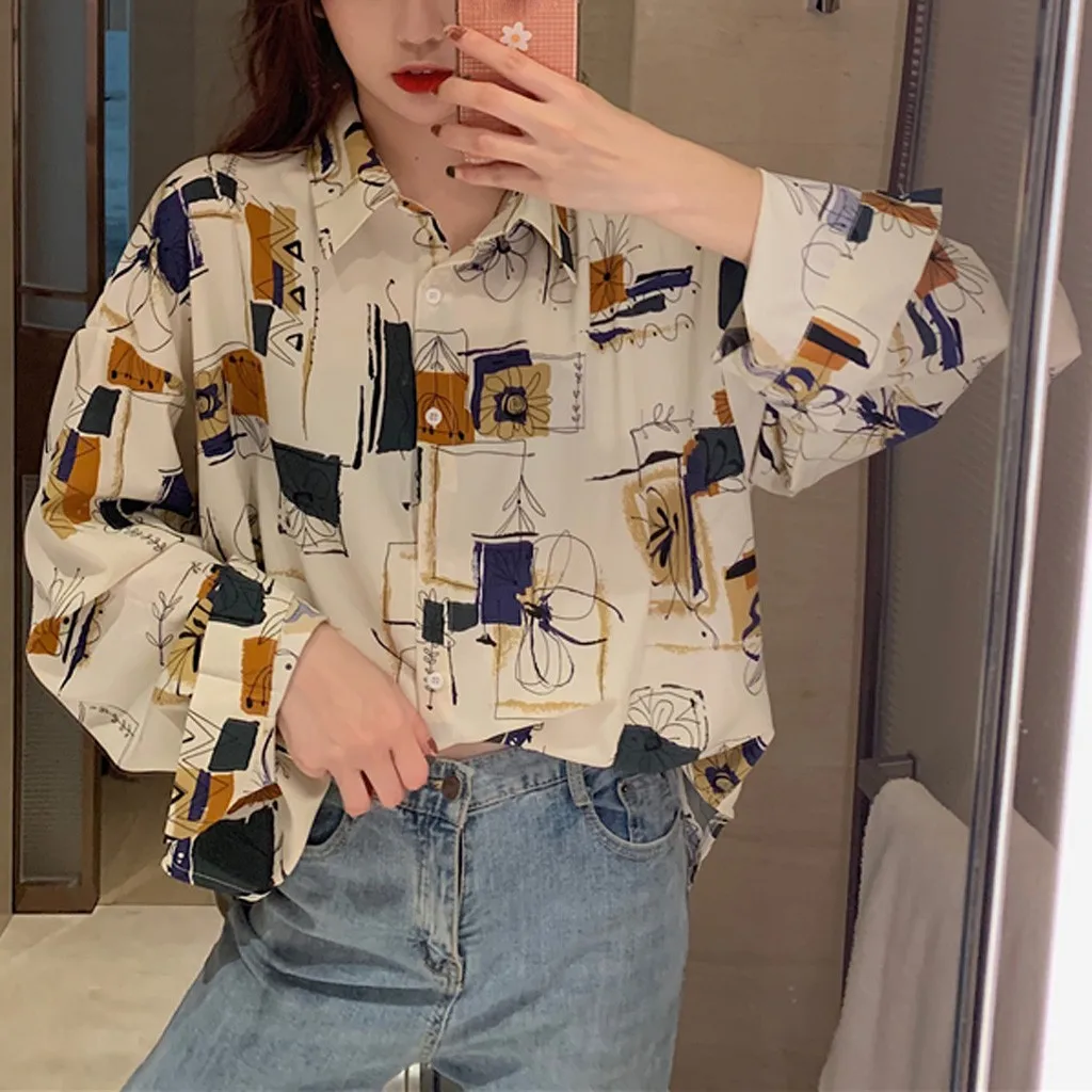 Блузка женская с геометрическим принтом длинным рукавом и отложным воротником |