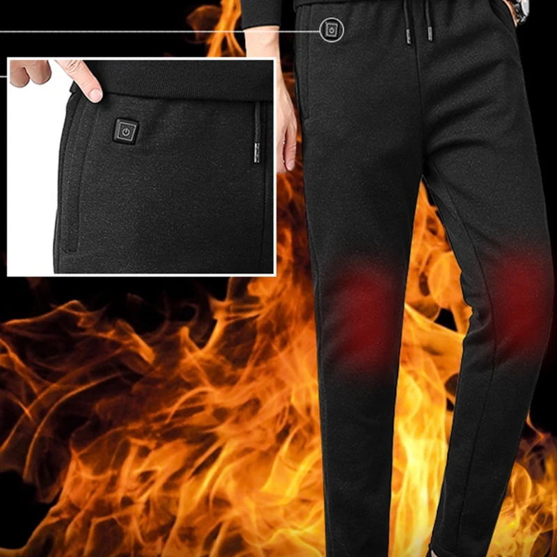 

Men Winter Electric USB Heated Pants Thicken Faux Fleece Lining Windproof Thermal Warm Ski Heating Trousers with Pockets