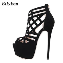 Eilyken-Sandalias de tacón alto con plataforma para mujer, zapatos femeninos de tacón de aguja, con punta abierta, color negro puro, para fiesta y boda, para verano
