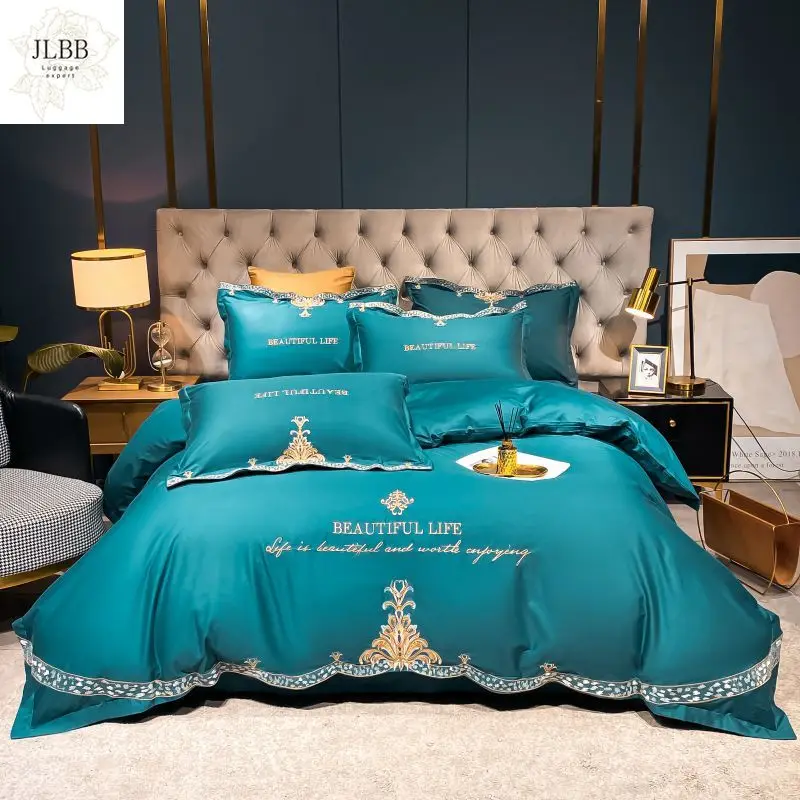 

Luxury Green Long-staple Cotton Gold Embroidery Bedding Set Duvet Cover Flat/Fitted Sheet Pillowcases Home Textiles Bedclothe