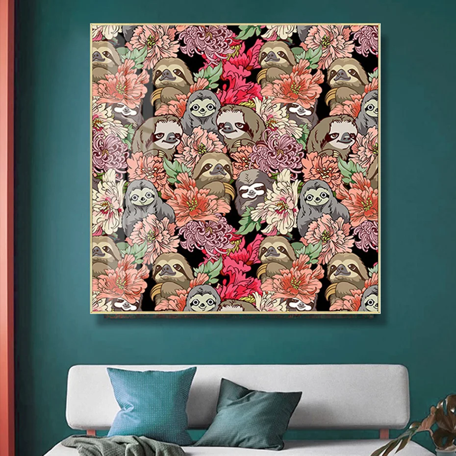 Много Ленивец Абстрактная Картина на холсте Серый Золотой Красный скандинавские