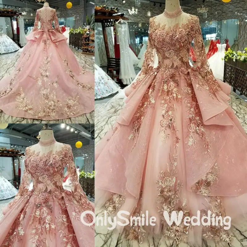 

Arabic Pink Wedding Dresses 2020 African Black Girls Princess Lace Sheer Puffy Flowers Beaded Ball Gowns Bridal Gowns Muslim