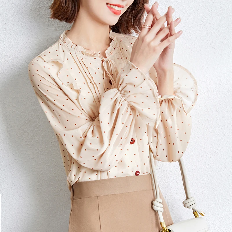 Women's Blouse 2020 Summer Vintage Fashion Ruffles Lace-Up O-Neck Polka Dot Print Chiffon Shirts Office Lady Elegant Tops