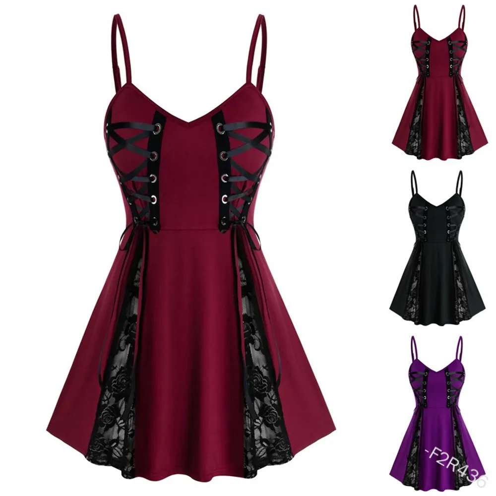 

2021 New Fashion Sexy Halter V-Neck Dress Gothic Punk Print Lace Splicing Waist Strap Elegant Urban Casual Dress