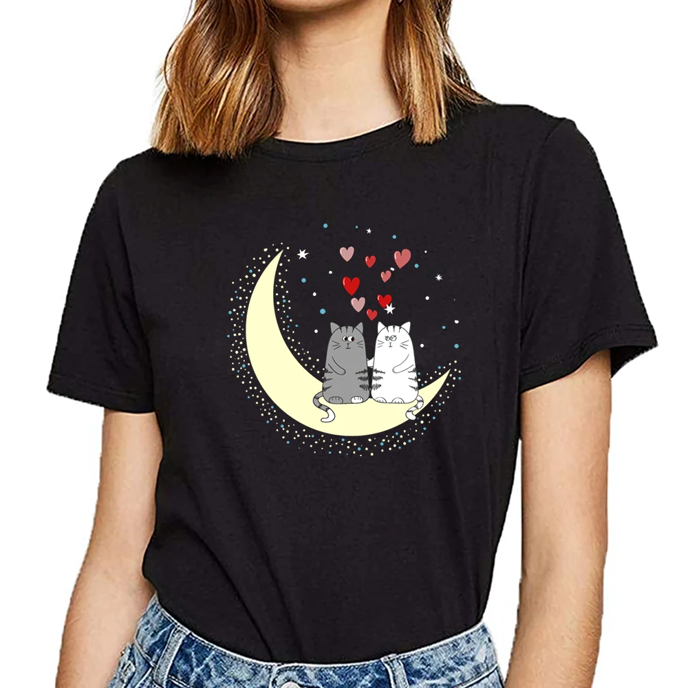 Женская Винтажная футболка с круглым вырезом принтом пары кошек на