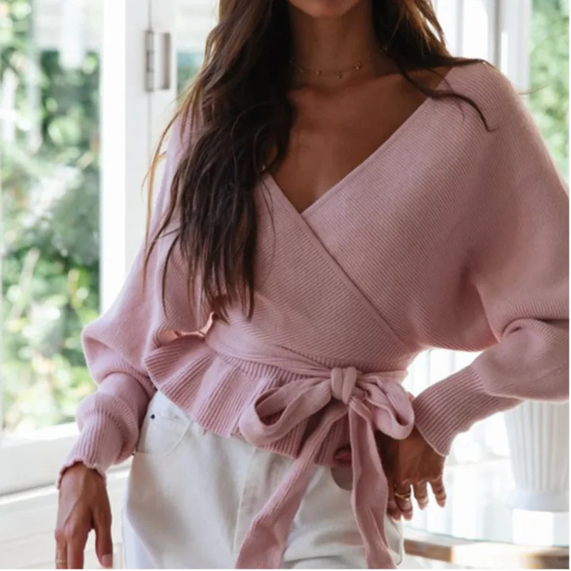 Belt Knit Sweaters Women Invierno 2019 Casual Sexy V-neck Long white Pink Green Fall Woman Pullovers | Женская одежда