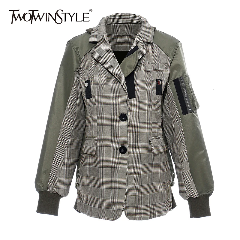 Женское клетчатое пальто TWOTWINSTYLE с длинными рукавами-фонариками и надрезным