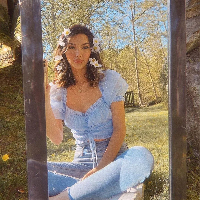 Женский укороченный топ MONMOIRA однотонный с рукавами фонариками и завязками