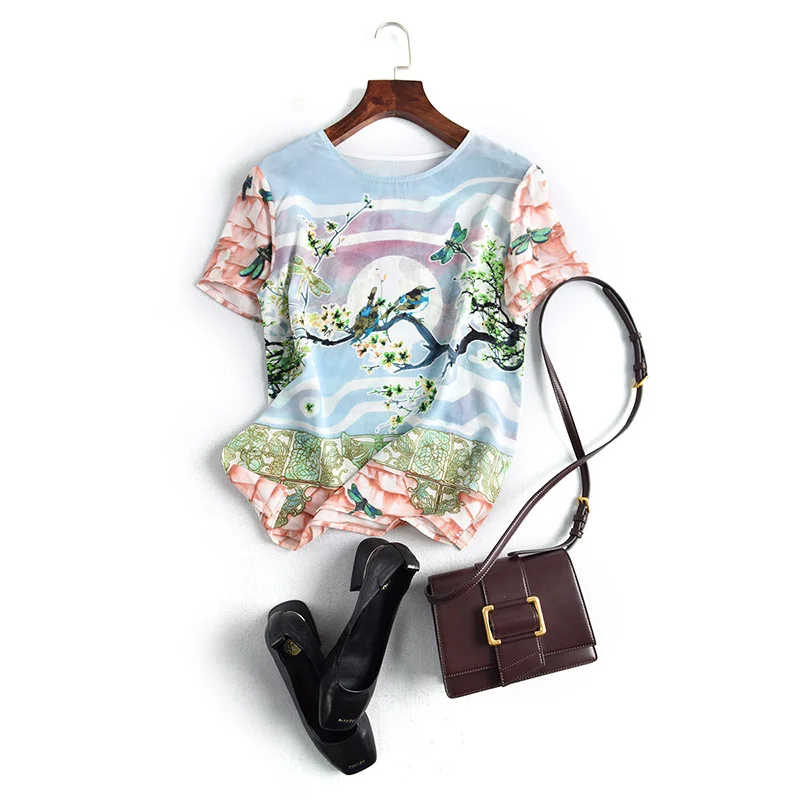 Рубашка с коротким рукавом и круглым вырезом китайской росписью цветов птиц |