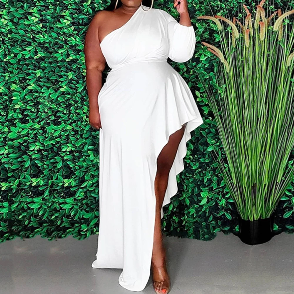 

One Shoulder Curve Dress Plus Size 4XL 5XL High Waist Irregular Ruffles Long Sleeve Red Black Evening Party African Gown 2021