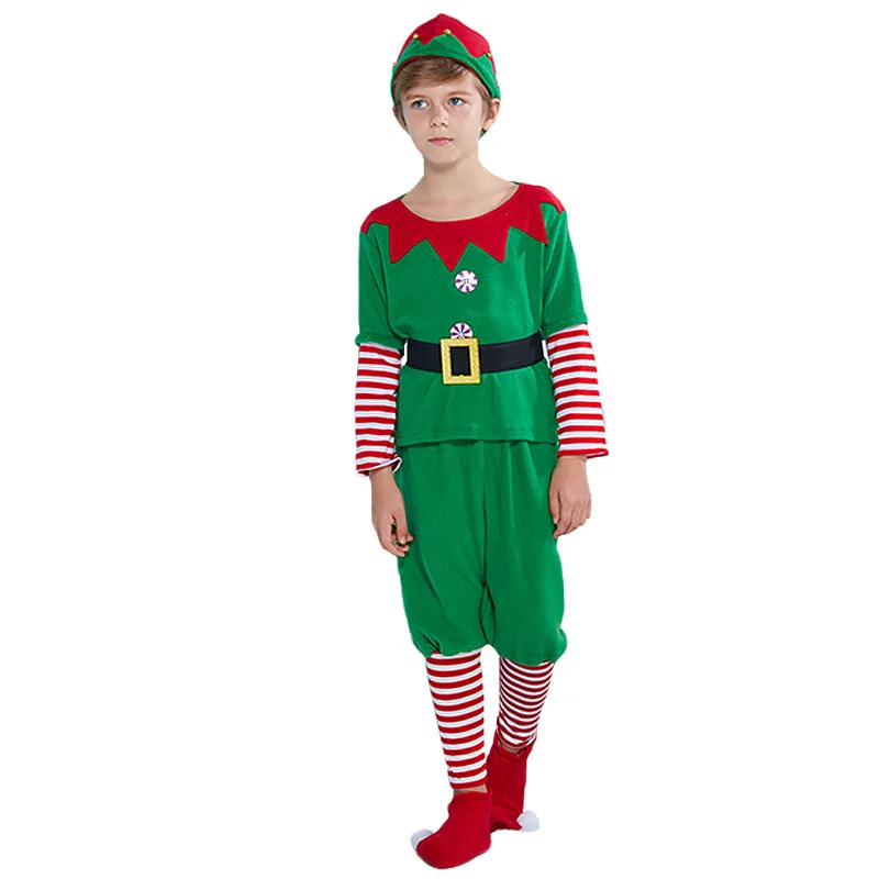 Christmas Cosplay Costumes for Kids Boys Elf Grinch Dress New Year Xmas Party Green Santa claus Performance Clothing with Hat