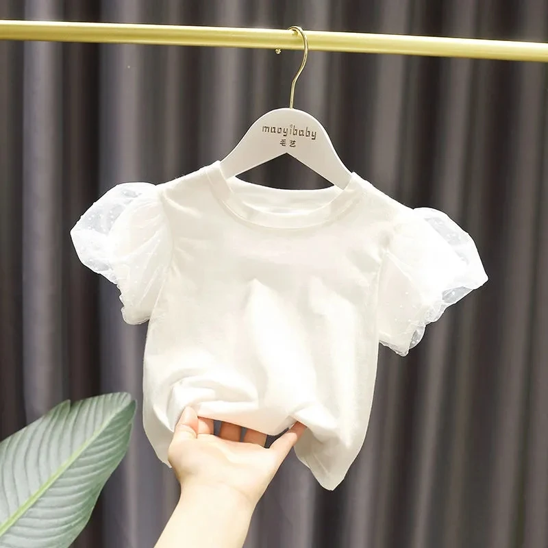 

baby kids girls short sleeve tops new baby summer Korean girls foreign style bubble sleeve casual cotton T-shirts tops P4 447
