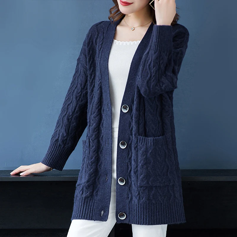 

2020 Autumn And Winter new Casual Medium and long section Sweater Cardigans women Solid color Loose V-Neck Knitted Thick Coats
