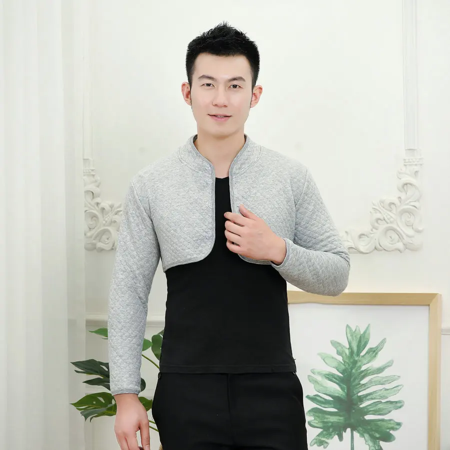 Autumn Winter Men Quilted Bolero Coat Beige Gray Mandarin Collar Long Sleeve Cotton Soft Thicken Lightweight Shoulder Pad Jacket