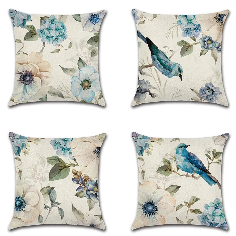 

Hand painted flowers birds and plants Printing Pillow case Custom Home Decoration Linen Pillowcase Car Waist Cushion Cover