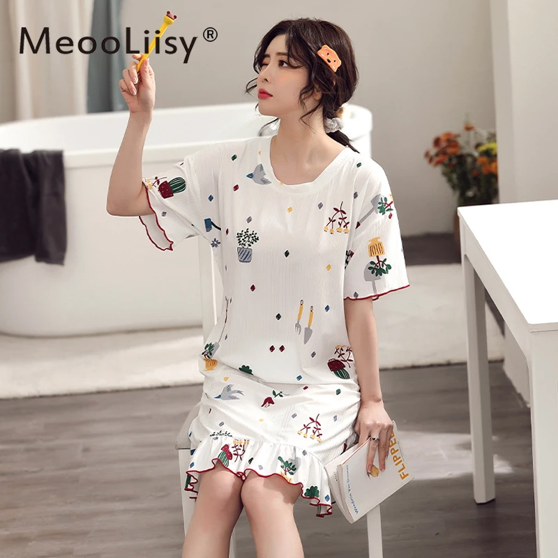 

Nightgowns Women Short Sleeve Cartoon Printed Lovely Chic Fashion Ruffles Loose Leisure Sleepwear Cozy Ulzzang Elegant M-3XL New
