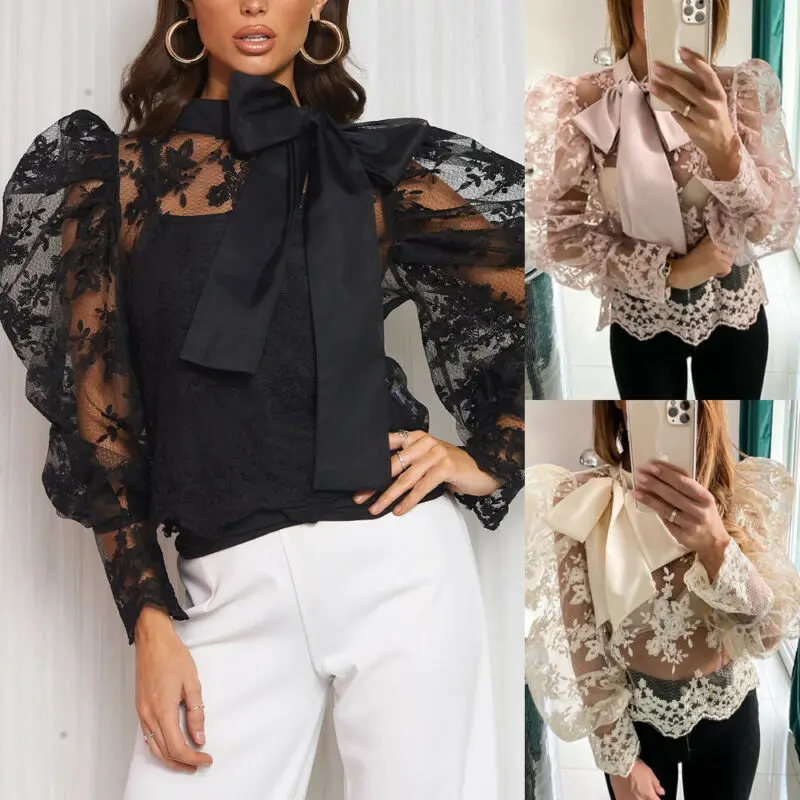 Женская прозрачная блузка с длинными рукавами кружевная цветочным принтом и