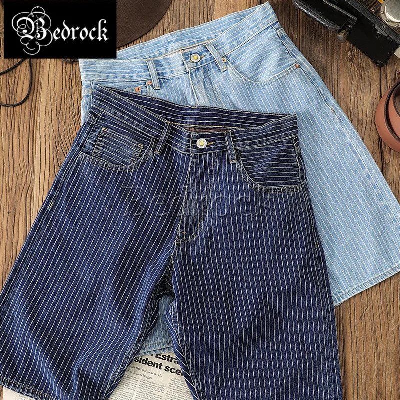 

Bedrock 11oz Wabash Raw Denim shorts men washed stripe denim shorts for boy vintage capris pants casual Male shorts jeans 573