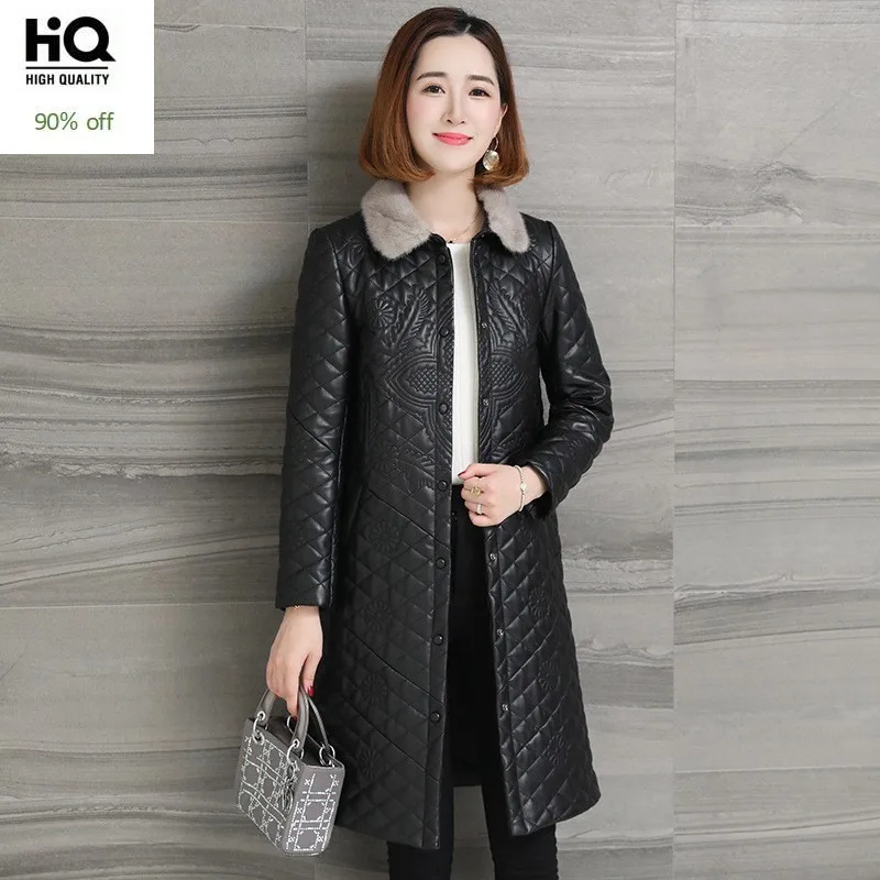 Дизайнерское пальто из натуральной кожи для женщин OL стиль вышивка цветочный