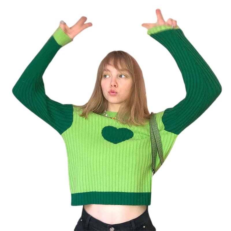 

Женский трикотажный свитер Hirigin, повседневный свободный трикотажный свитер контрастных цветов с круглым вырезом и длинным рукавом, осень ...