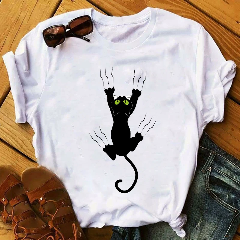 Женская мода 2020 Милая футболка с изображением кота растения цветка женская