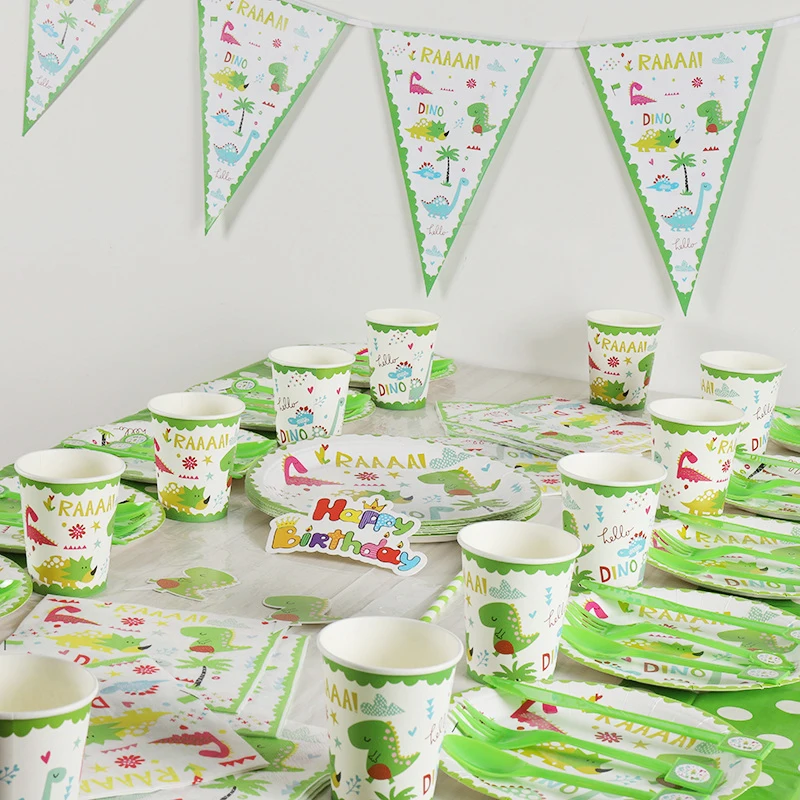 Зеленые джунгли динозавр партия Скатерть тарелка салфетки баннер торт Топпер с