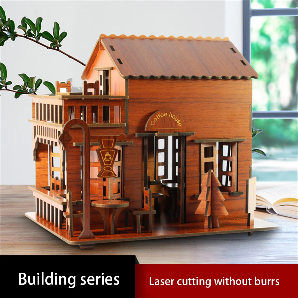 

3D Coffee House Stereo Architectural Model DIY Wooden Puzzle Toy Boy Girl Puzzle Music Box House Wooden Children New Year Gift