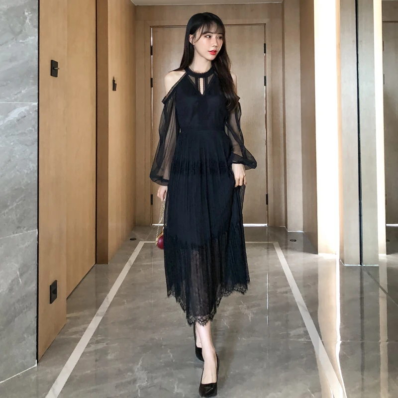 Женское платье с длинным рукавом кружевное v-образным вырезом интеллектуальное