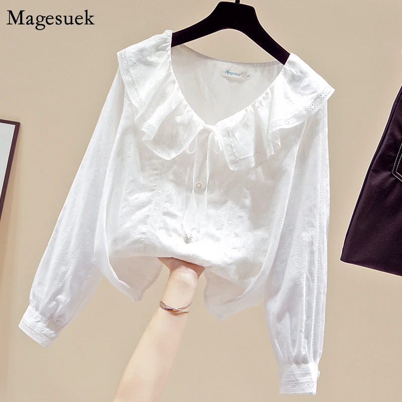 

Осень 2021 новая белая рубашка с рюшами Женская рубашка буффы на рукавах в винтажном стиле, белая блузка для женщин с воротником в кукольном с...