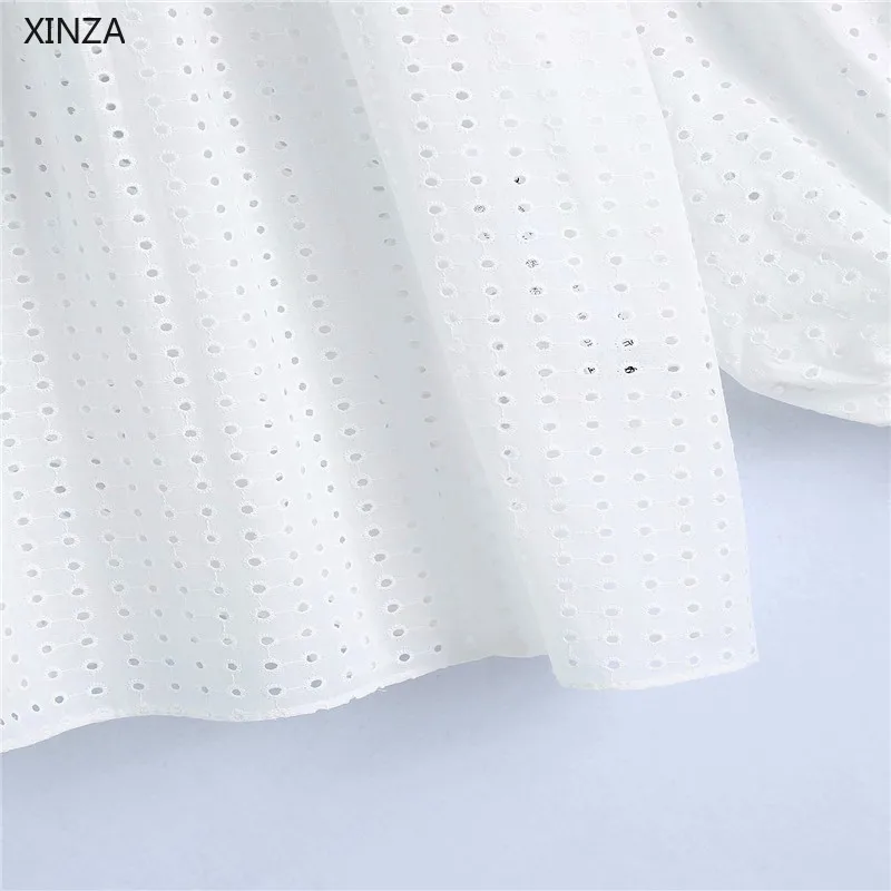 

ZA Women White Embroidered Eyelet Blouse 2021 Long Puff Sleeve O Neck Openwork Summer Top Female Chic Front Button Shirts