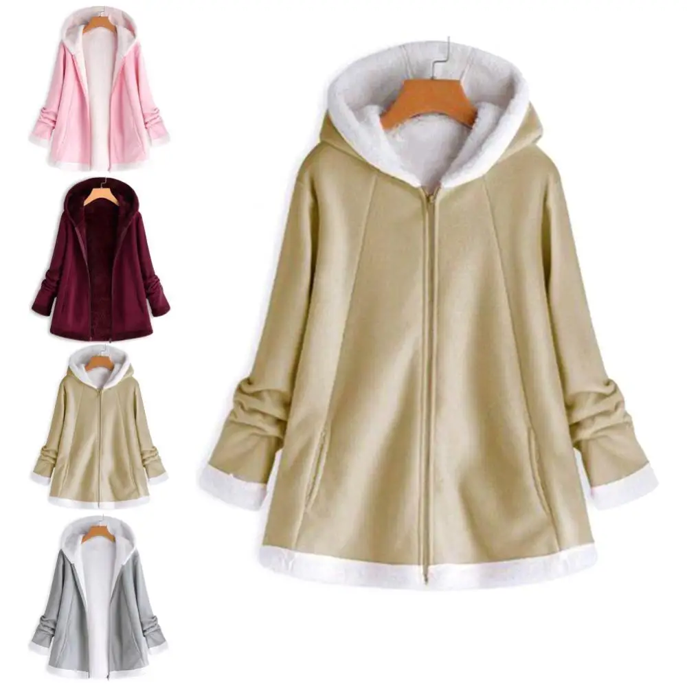 

Hot Sales Casual Women Autumn Winter Solid Color Long Sleeve Zipper Warm Plushy Hooded Coat