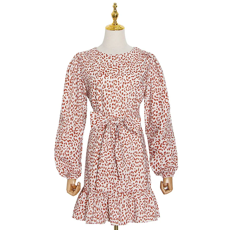 

Summer fashion socialite crew neck lantern sleeve leopard lace bow slim short dress