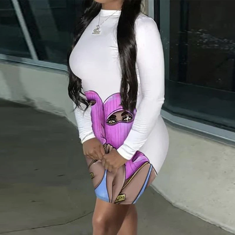 

Long Sleeve O Neck Bodycon Dress Sexy Party Elegant Printed Mini Dress