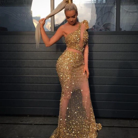 Золотые платья с блестками русалка кутюр бисером Кристалл женские на одно плечо