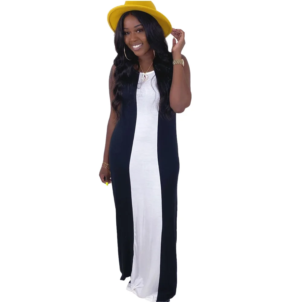 Женское контрастное платье без рукавов Повседневная Свободная длинная юбка в