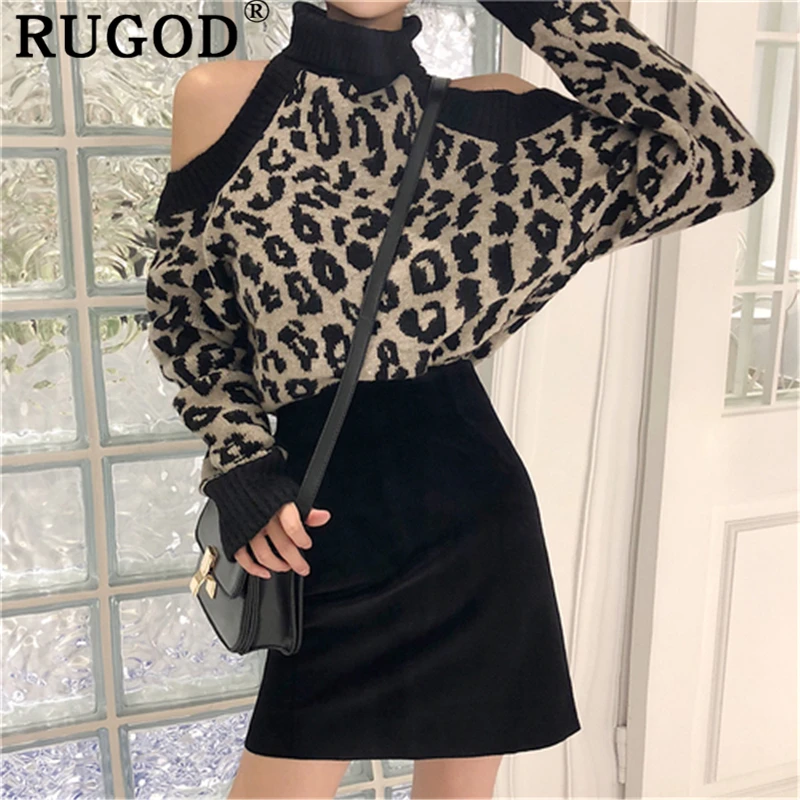 RUGOD Vintage leopard sweater women Elegant off shoulder turtleneck knitted sweaters female 2019 Fashion Slim pullovers outwear | Женская