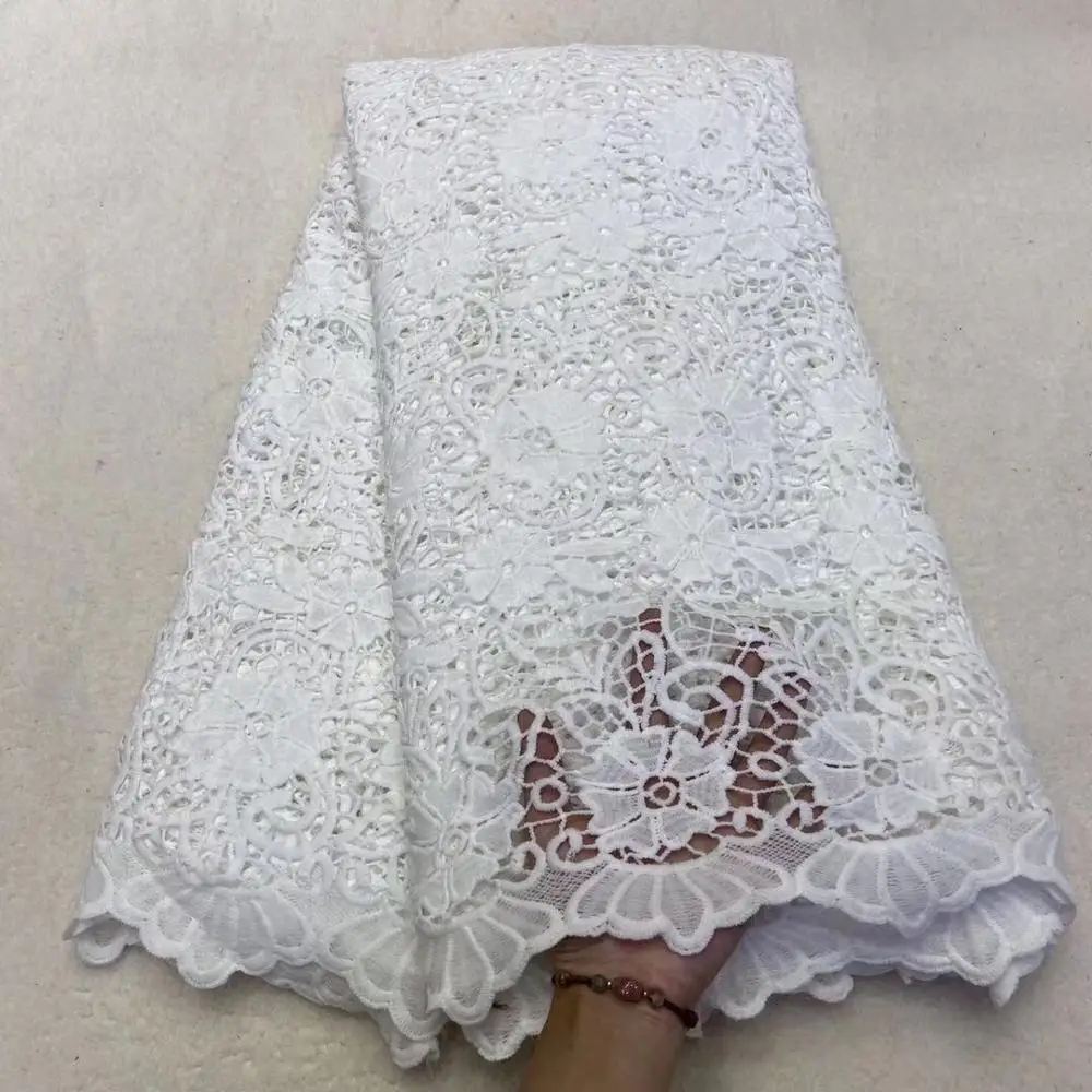 

white african cord lace water soluble fabric high quality embroidery nigerian guipure lace fabric 5 yards/pcs for party dress