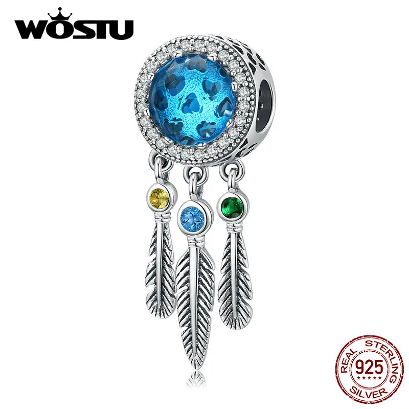 

WOSTU Real 925 Sterling Silver Dreamcatcher Dangle Feather Charms Fit Original Bracelet Pendant Blue Glass Beads Jewelry CQC1384