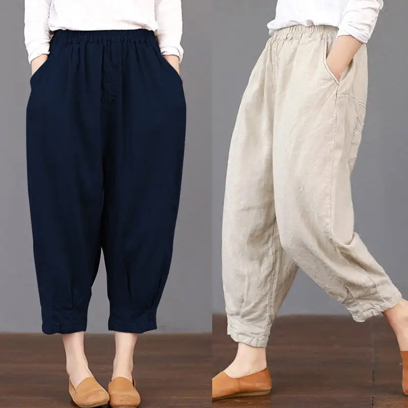 

Literary and Artistic Women's Casual Solid Color Cotton Hemp Elastic Waist Versatile Women's Trousers Show Thin Harun