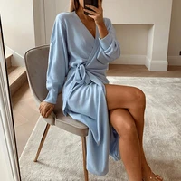 long women knitted wrap dress onesize autumn solid color elegant dress sexy v neck belt dress maxi robe knitwear ladies clothes