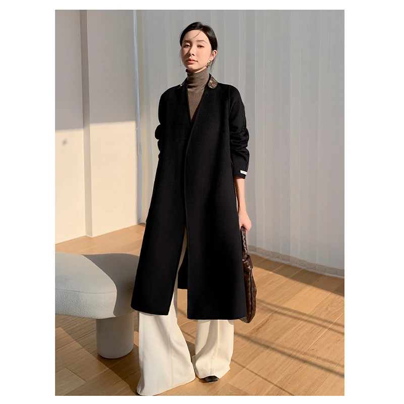 

2021 Ladies Woolen Coat Ladies Double-Sided Cashmere Garb Mid-Length Loose Thin Temperament Small Woolen Jacket Женское пальто