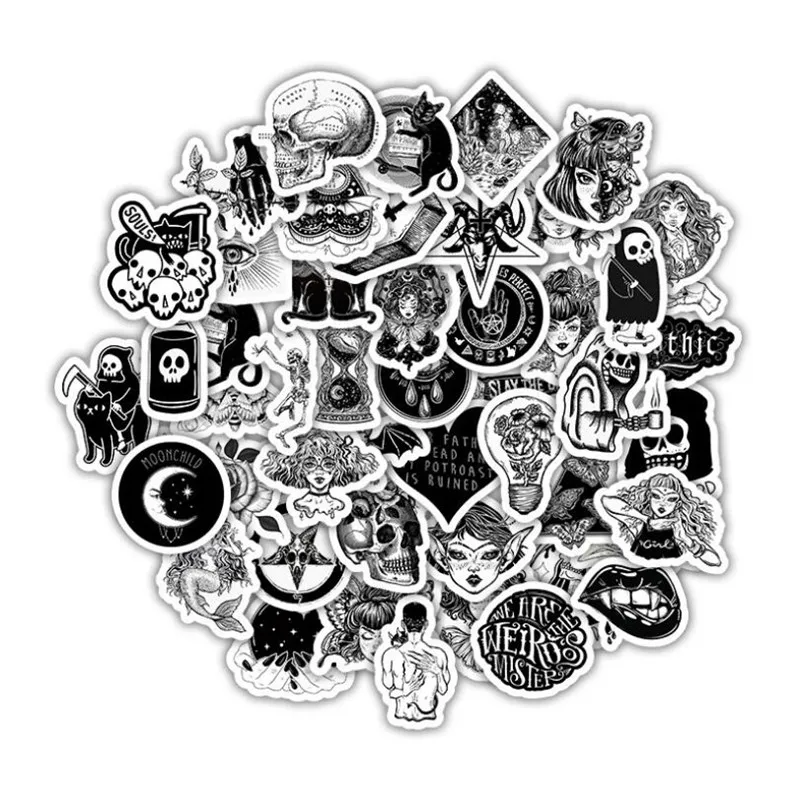 

10/30/50PCS Horror Black and White Skull Head Gothic Suitcase Skateboard Waterproof Sticker Graffiti Decoration Wholesale